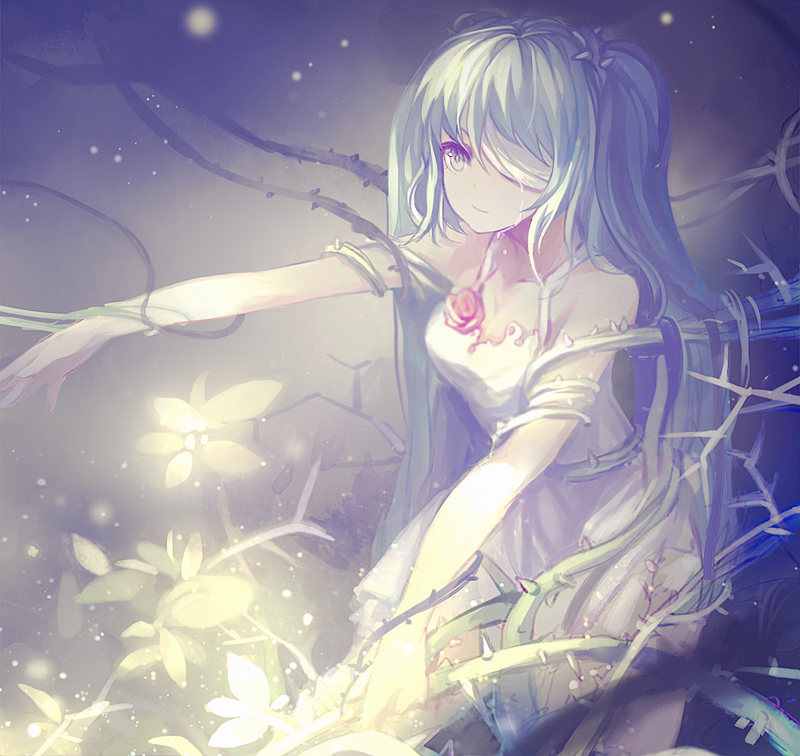 1girl bandage_over_one_eye blue_hair breasts cleavage collarbone dress green_eyes hatsune_miku long_hair medium_breasts outstretched_arms red_flower short_dress sleeveless sleeveless_dress smile solo tears thorns twintails very_long_hair vocaloid white_dress xiaohan6th