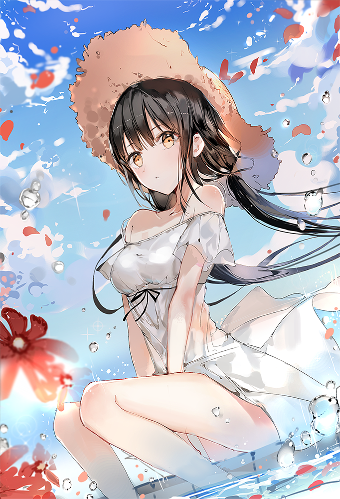 1girl bangs bare_shoulders black_hair blurry blush breasts brown_eyes closed_mouth clouds cloudy_sky day depth_of_field dress eyebrows_visible_through_hair hat inuinushell knees_together_feet_apart long_hair medium_breasts naru_(ul) original outdoors petals sitting sky soaking_feet solo straw_hat sundress