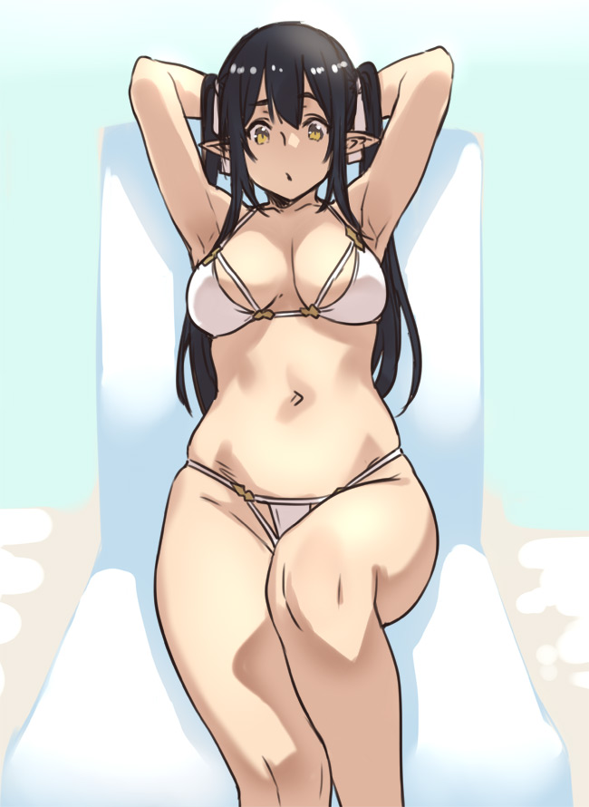 1girl armpits arms_behind_head bikini black_hair breasts elf_(houtengeki) houtengeki long_hair looking_at_viewer medium_breasts navel original pointy_ears sitting solo swimsuit twintails white_bikini yellow_eyes