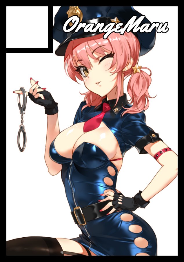 1girl armlet artist_name bangs belt belt_buckle black_border black_legwear blue_hat blush border breasts buckle cleavage commentary_request cowboy_shot cuffs earrings eyebrows_visible_through_hair fingernails garter_straps hand_on_hip handcuffs hat head_tilt holding idolmaster idolmaster_cinderella_girls jewelry jougasaki_mika long_fingernails long_hair looking_at_viewer low_twintails medium_breasts mini_necktie nail_polish necktie one_eye_closed orange_maru parted_lips pink_hair pink_nails police police_hat police_uniform policewoman red_necktie shiny shiny_skin short_sleeves simple_background smile solo spiked_armlet spikes stud_earrings thigh-highs tsurime twintails uniform white_background yellow_eyes