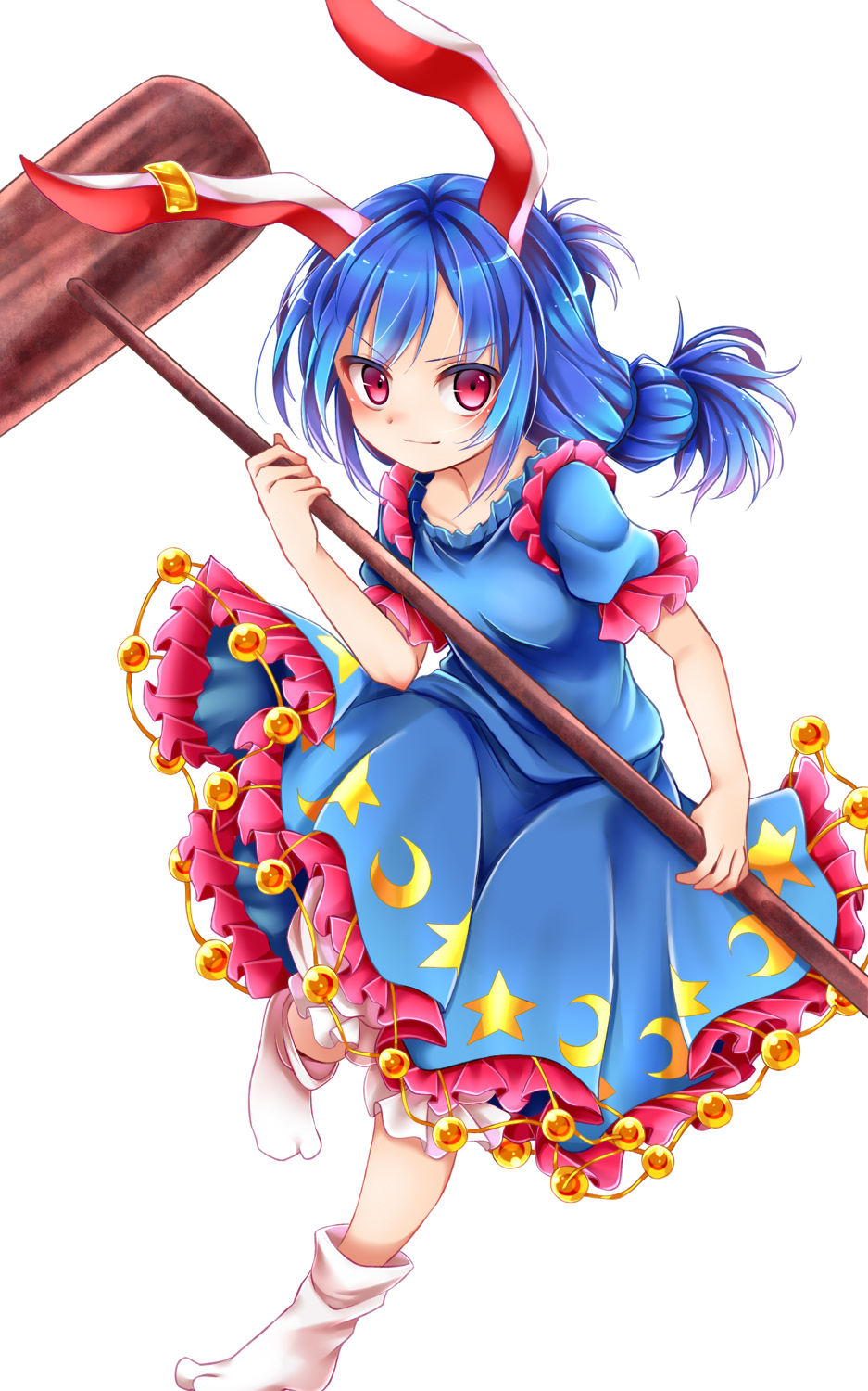1girl animal_ears blue_dress blue_hair chikuwa_savi crescent dress ear_clip highres holding kine looking_at_viewer mallet puffy_short_sleeves puffy_sleeves rabbit_ears red_eyes seiran_(touhou) short_sleeves solo star touhou