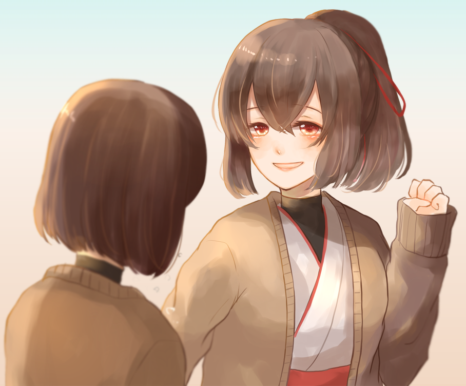 10s 2girls blush brown_eyes brown_hair clenched_hand gradient gradient_background hair_ribbon hyuuga_(kantai_collection) ise_(kantai_collection) kantai_collection looking_at_another multiple_girls nontraditional_miko ponytail ribbon short_hair sleeves_past_wrists smile sweater undershirt yuzu_ yuzu_(kimagure_kankitsurui)