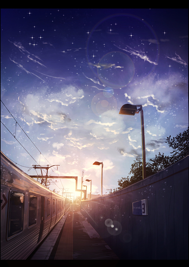 blue_sky byakuya_reki clouds ground_vehicle no_humans original railroad_tracks revision scenery sky snow sunlight sunset train