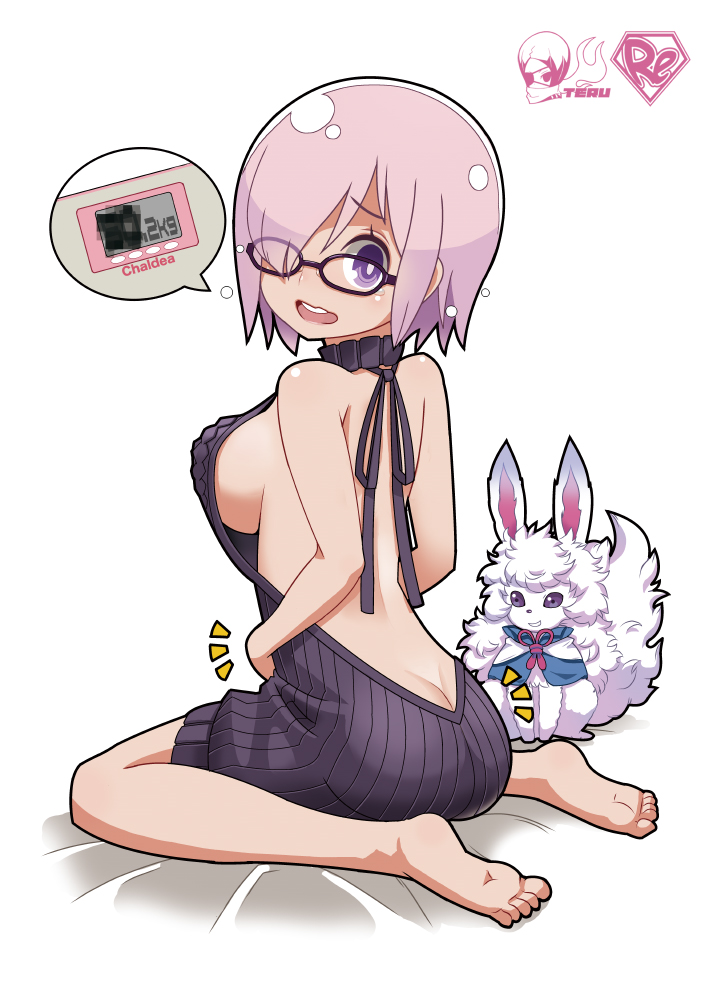 1girl animal backless_outfit bare_back barefoot black-framed_eyewear black_sweater breasts butt_crack capelet commentary dress fate/grand_order fate_(series) fou_(fate/grand_order) glasses green_eyes hair_over_one_eye imaizumi_teruhiko large_breasts looking_back meme_attire naked_sweater no_bra no_panties open_mouth purple_hair shielder_(fate/grand_order) short_hair sideboob sitting smile sweater sweater_dress violet_eyes virgin_killer_sweater wariza weighing_scale white_background white_fur