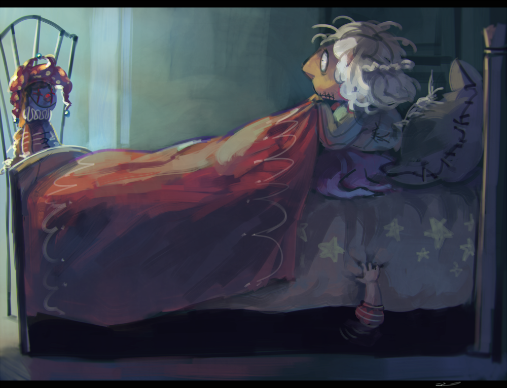 2girls bed bed_sheet braid character_doll clownpiece commentary_request french_braid hat jester_cap kishin_sagume koto_inari letterboxed multiple_girls neck_ruff out_of_frame pillow touhou under_bed