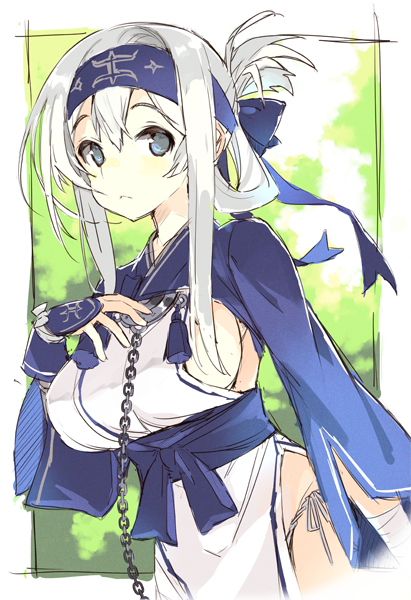 10s 1girl ainu ainu_clothes arm_at_side blue_eyes breasts cropped_jacket dress folded_ponytail hair_between_eyes hand_on_own_chest headband kamoi_(kantai_collection) kantai_collection large_breasts long_hair long_sleeves looking_at_viewer pelvic_curtain shimeji_(4_me_ji) sideboob sidelocks sketch sleeveless sleeveless_dress thick_eyebrows thigh-highs upper_body white_dress