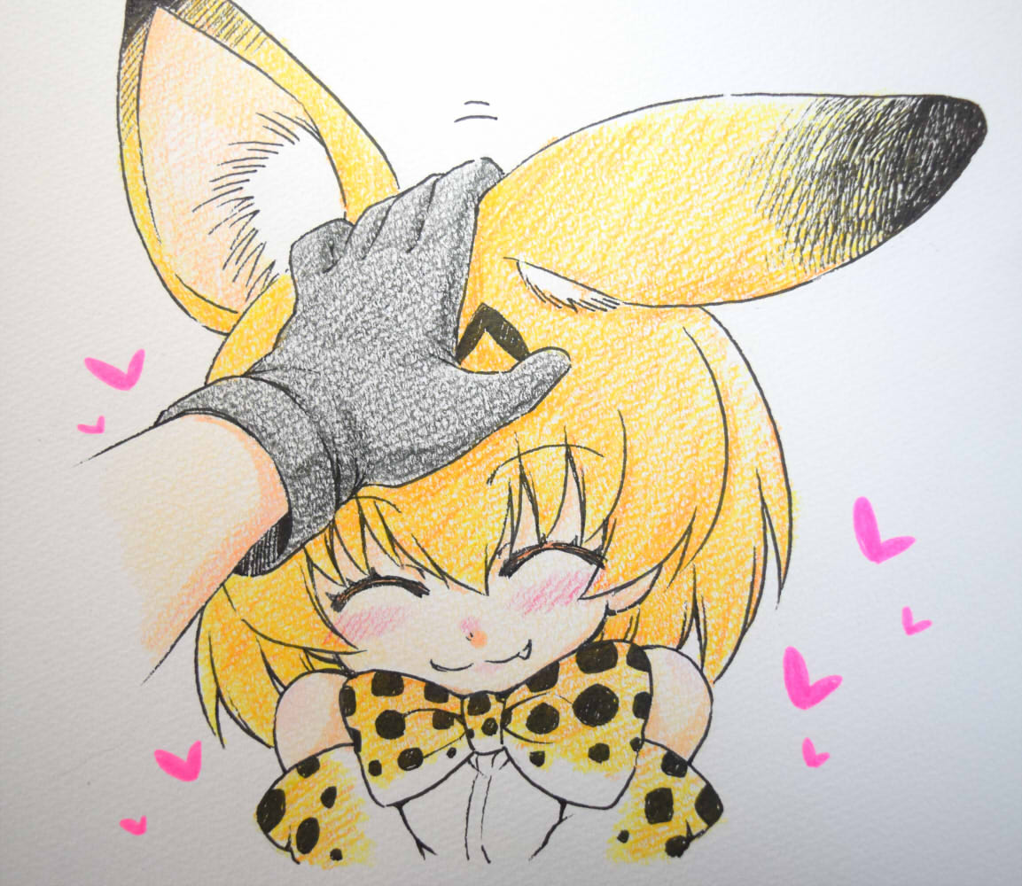 2girls :3 ^_^ animal_ears bare_shoulders blonde_hair blush bow bowtie closed_eyes colored_pencil_(medium) elbow_gloves fang gloves hand_on_another's_head hanya_(hanya_yashiki) heart kaban_(kemono_friends) kemono_friends multiple_girls petting serval_(kemono_friends) serval_ears serval_print short_hair solo_focus traditional_media