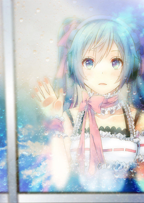 1girl against_glass blue_eyes blue_hair choker collarbone from_outside hair_between_eyes hair_ribbon hatsune_miku long_hair looking_at_viewer parted_lips pink_ribbon ribbon shiomizu_(swat) sleeveless solo twintails upper_body vocaloid wrist_cuffs