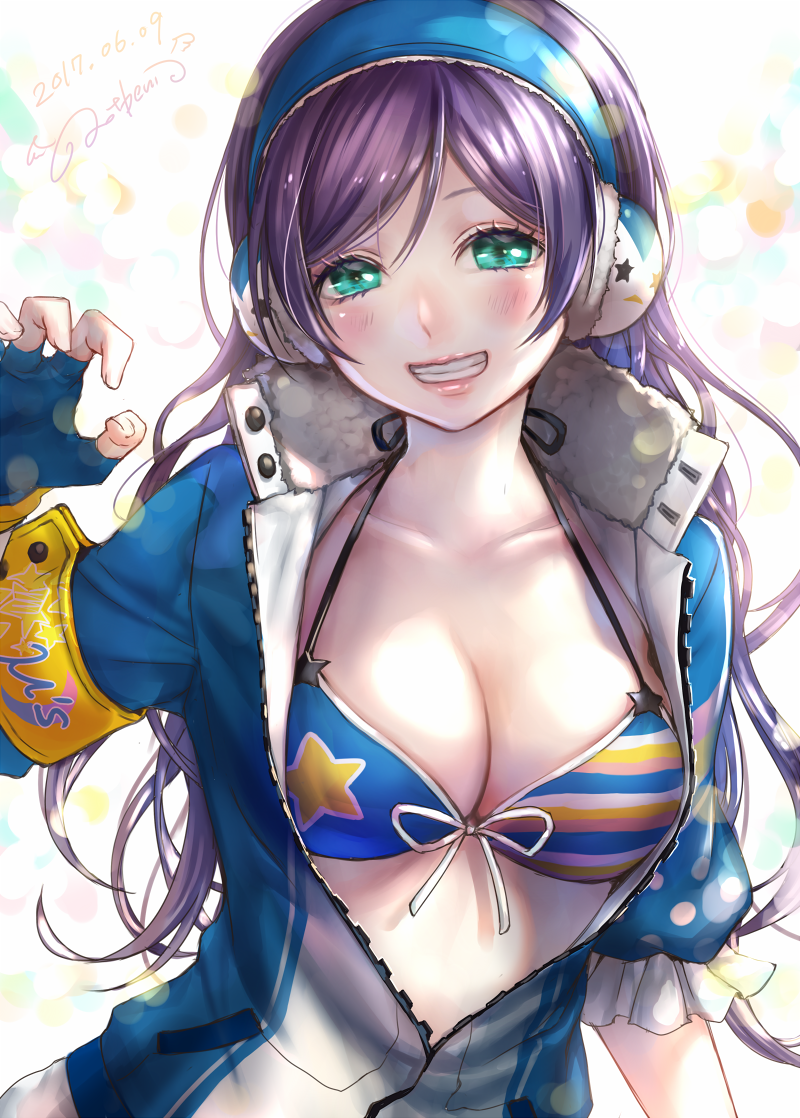 1girl artist_name bikini bikini_top blush breasts cleavage collarbone dated earmuffs fingerless_gloves frilled_sleeves frills front-tie_top gloves green_eyes grin halterneck jacket large_breasts lips lma long_hair looking_at_viewer love_live! love_live!_school_idol_project open_clothes open_jacket partially_unzipped purple_hair signature smile solo swimsuit teeth toujou_nozomi upper_body