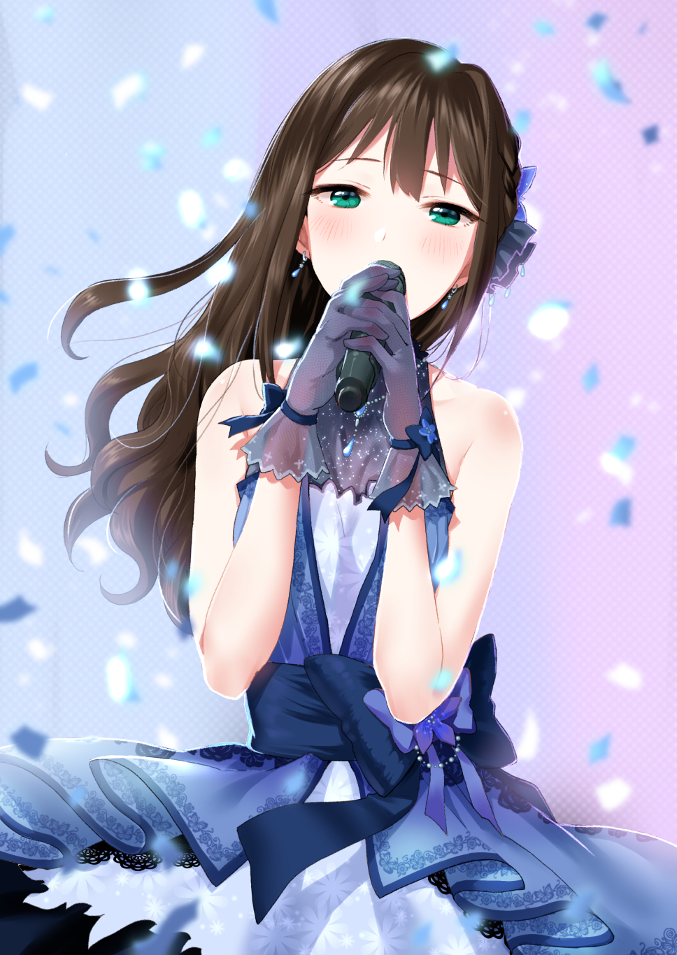 1girl bangs bare_shoulders black_bow blue_bow blue_dress blush bow breasts brown_hair confetti covered_mouth cowboy_shot dress earrings floral_print flower furururu gloves gradient gradient_background green_eyes hair_bow hair_flower hair_ornament hands_together highres holding holding_microphone idolmaster idolmaster_cinderella_girls idolmaster_cinderella_girls_starlight_stage jewelry long_hair looking_at_viewer microphone necklace sash see-through shibuya_rin sleeveless sleeveless_dress small_breasts solo standing