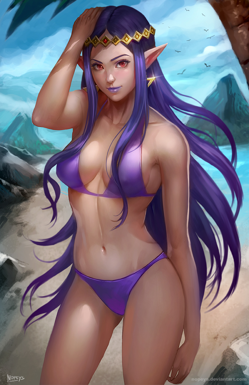 1girl beach bikini breasts cleavage earrings erect_nipples hand_on_own_head highres jewelry lipstick long_hair looking_at_viewer makeup medium_breasts midriff navel norman_de_mesa ocean palm_tree pointy_ears princess_hilda purple_bikini purple_hair purple_lipstick red_eyes signature smile solo standing swimsuit the_legend_of_zelda the_legend_of_zelda:_a_link_between_worlds tiara tree very_long_hair watermark web_address