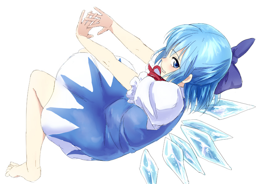 1girl bangs barefoot blue_bow blue_eyes blue_hair bow cirno dress eyebrows_visible_through_hair frilled_sleeves frills full_body hair_bow ice ice_wings interlocked_fingers nathaniel_pennel profile short_hair short_sleeves simple_background solo touhou white_background wings