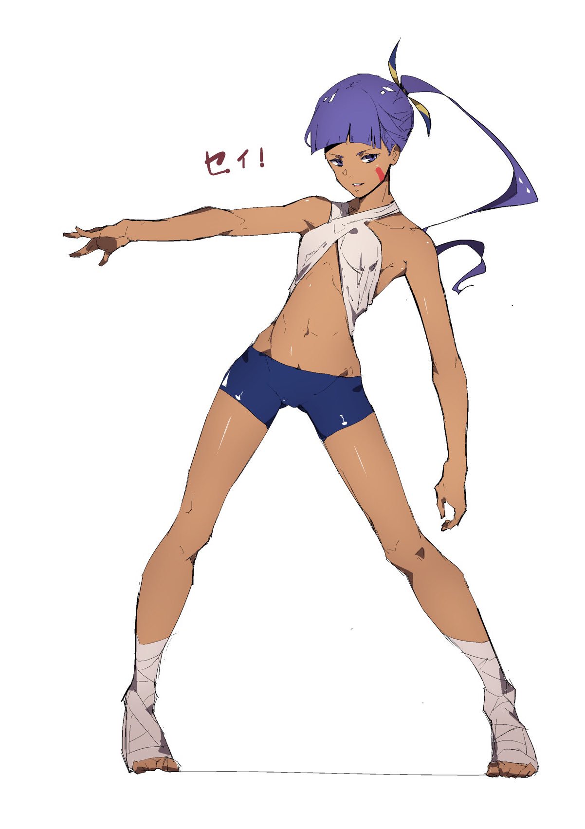 1girl alternate_costume bare_shoulders bike_shorts commentary_request dark_skin facial_mark fate/grand_order fate_(series) full_body highres long_hair looking_at_viewer midriff navel nitocris_(fate/grand_order) open_mouth ponytail purple_hair smile solo standing toes violet_eyes white_background zikataro