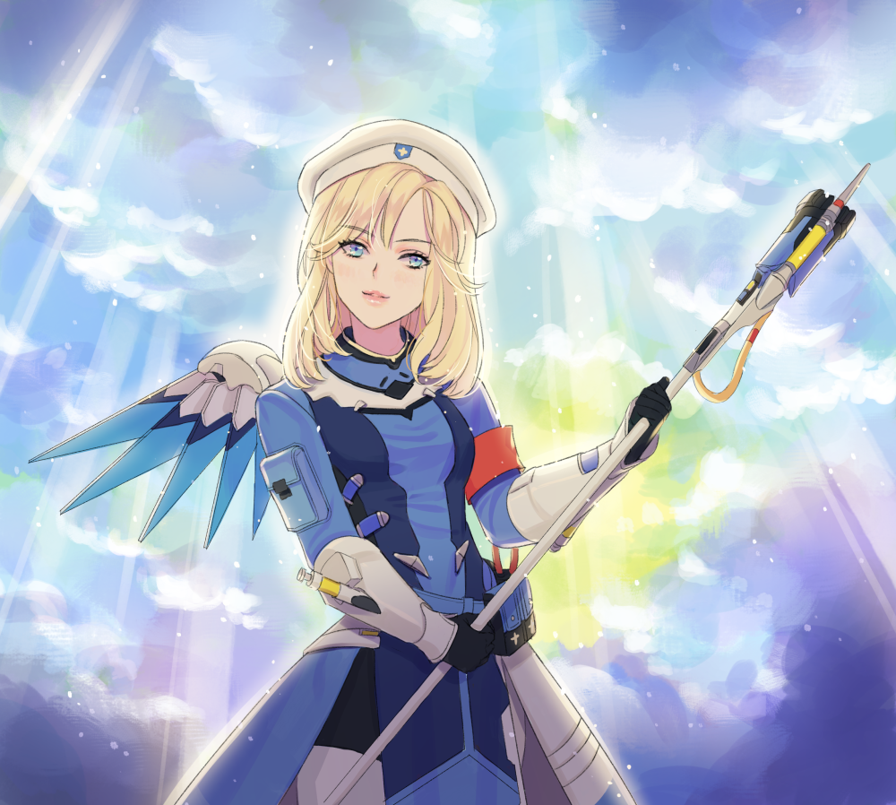 1girl alternate_hairstyle armband bangs beret blonde_hair blue_bodysuit blue_eyes blue_wings bodysuit breasts clouds cloudy_sky combat_medic_ziegler cowboy_shot eyebrows_visible_through_hair eyelashes faulds gloves hat head_tilt holding holding_staff light_rays light_smile lips long_sleeves looking_at_viewer mechanical_wings medium_hair mercy_(overwatch) outdoors overwatch parted_lips pelvic_curtain pliers pouch sky small_breasts snana solo staff white_hat wings