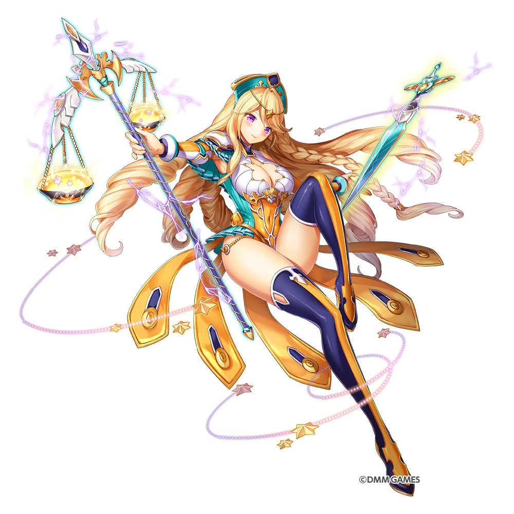 1girl artist_request bangs blonde_hair blush boots braid breasts cleavage commentary_request copyright_name covered_navel drill_hair electricity eyebrows_visible_through_hair hair_ornament holding kami_project leotard long_hair medium_breasts official_art original simple_background single_braid solo star sword thigh-highs thigh_boots very_long_hair violet_eyes weapon white_background