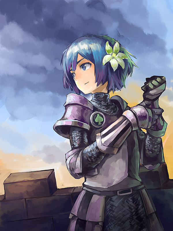 1girl armor belt blue_eyes blue_hair breastplate brick_wall chainmail flower gauntlets hair_flower hair_ornament kurio looking_afar original pauldrons plate_armor short_hair sky solo