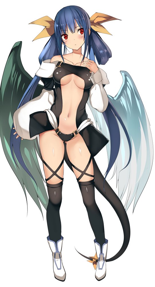 1girl ankle_boots arm_at_side asymmetrical_wings bangs black_legwear blunt_bangs blush boots breasts center_opening closed_mouth collarbone contrapposto detached_sleeves dizzy dragon_tail eyebrows_visible_through_hair full_body gluteal_fold guilty_gear hair_ribbon hand_on_own_chest head_tilt kureha_(ironika) legs_apart long_sleeves medium_breasts navel puffy_long_sleeves puffy_sleeves red_eyes revealing_clothes ribbon simple_background solo standing stomach tail tail_ribbon thigh-highs under_boob white_background white_boots wings yellow_ribbon