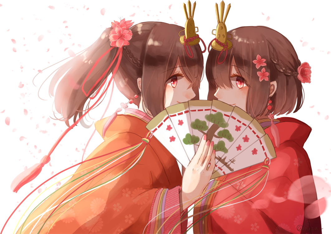 10s 2girls braid brown_hair cherry_blossoms fan flower hair_flower hair_ornament hair_ribbon hyuuga_(kantai_collection) ise_(kantai_collection) japanese_clothes kantai_collection kimono long_hair long_sleeves looking_at_viewer multiple_girls petals ponytail red_eyes ribbon short_hair simple_background smile wide_sleeves yuzu_(kimagure_kankitsurui) yuzu_(p-09a)