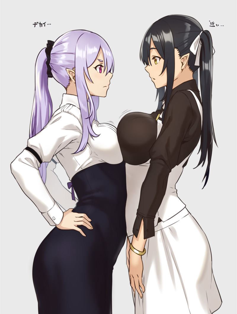 &gt;:( 2girls arched_back asymmetrical_docking bangle black_hair black_shirt blue_skirt bouncing_breasts bracelet breast_contest breast_envy breast_press breasts closed_mouth collared_shirt commentary cowboy_shot elf elf_(houtengeki) eye_contact from_side grey_background hair_ribbon hand_on_hip high-waist_skirt houtengeki jewelry large_breasts long_sleeves looking_at_another medium_breasts multiple_girls original pink_eyes pink_hair pointy_ears ponytail profile ribbon shiny shiny_hair shirt sidelocks simple_background skirt standing translated twintails v_arms white_ribbon white_shirt white_skirt wing_collar yellow_eyes