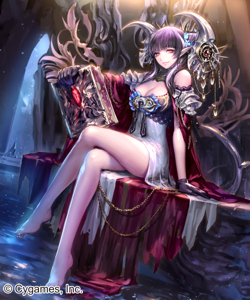 1girl arm_support barefoot black_gloves book breasts choker cleavage detached_sleeves dress dutch_angle gloves hair_ornament holding holding_book irua large_breasts legs_crossed long_hair looking_at_viewer pointy_ears purple_hair red_eyes revealing_clothes shingeki_no_bahamut short_dress sitting sleeveless sleeveless_dress smile solo strapless strapless_dress white_dress