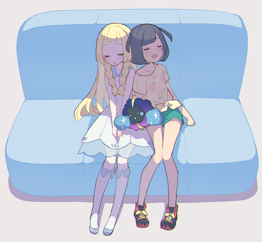 2girls black_hair blonde_hair blush braid closed_eyes cosmog couch dress floral_print full_body kurochiroko lillie_(pokemon) long_hair mizuki_(pokemon_sm) multiple_girls on_couch open_mouth pokemon pokemon_(game) pokemon_sm see-through shirt short_hair short_sleeves shorts sitting sleeping sleeveless sleeveless_dress tied_shirt twin_braids yuri