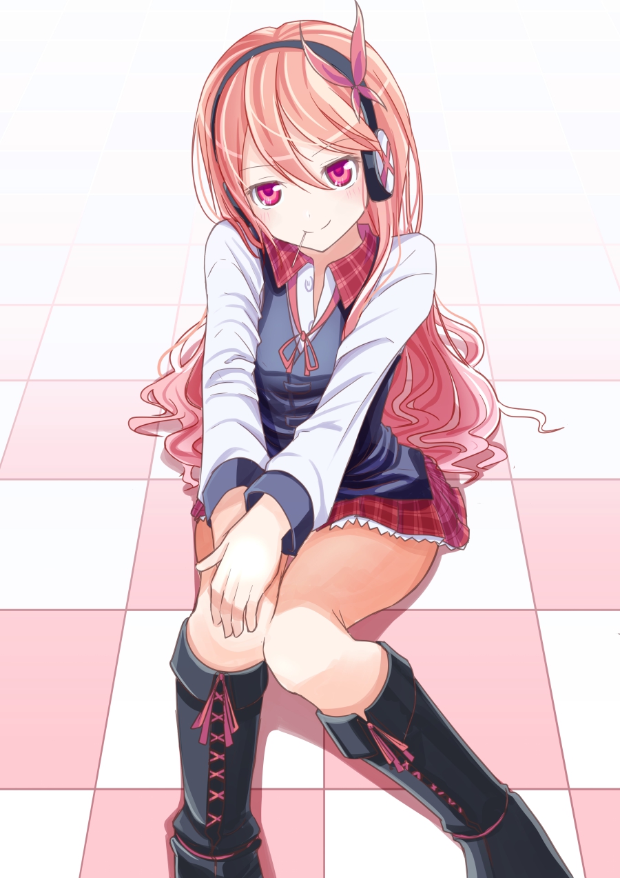 1girl akame_ga_kill! aoi_usagi_(marinebluerabbit) boots candy chelsea_(akame_ga_kill!) commentary_request food hands_on_knee headphones highres knee_boots lollipop long_hair long_sleeves looking_at_viewer mouth_hold orange_hair pink_eyes pink_hair plaid plaid_skirt red_eyes sitting skirt smile solo
