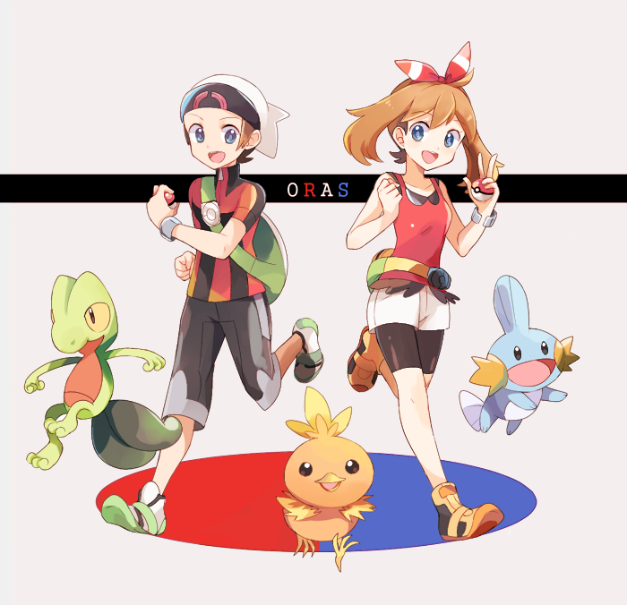 1boy 1girl bike_shorts black_shorts blue_eyes brown_hair collarbone eyebrows_visible_through_hair grey_background hair_ribbon haruka_(pokemon) haruka_(pokemon)_(remake) hat holding holding_poke_ball long_hair looking_at_viewer mei_(maysroom) mudkip one_eye_closed poke_ball pokemon pokemon_(game) pokemon_oras red_ribbon red_shirt ribbon shirt short_shorts shorts shorts_under_shorts simple_background sleeveless sleeveless_shirt torchic treecko white_hat white_shorts yuuki_(pokemon) yuuki_(pokemon)_(remake)