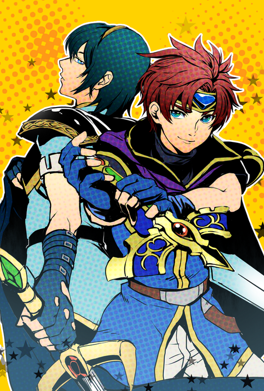 2boys 9tt6 armor blue_eyes blue_hair cape fire_emblem fire_emblem:_fuuin_no_tsurugi fire_emblem:_mystery_of_the_emblem gloves headband male_focus marth multiple_boys redhead roy_(fire_emblem) short_hair smile solo super_smash_bros. sword tiara weapon