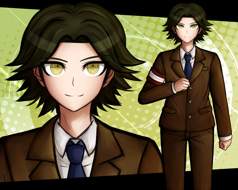 1boy armband blue_necktie clenched_hand dangan_ronpa dangan_ronpa_3 green_background green_hair hair_intakes hand_on_own_chest komatsuzaki_rui_(style) kurokku-tokei male_focus murasame_soushun necktie school_uniform short_hair solo upper_body yellow_eyes zoom_layer