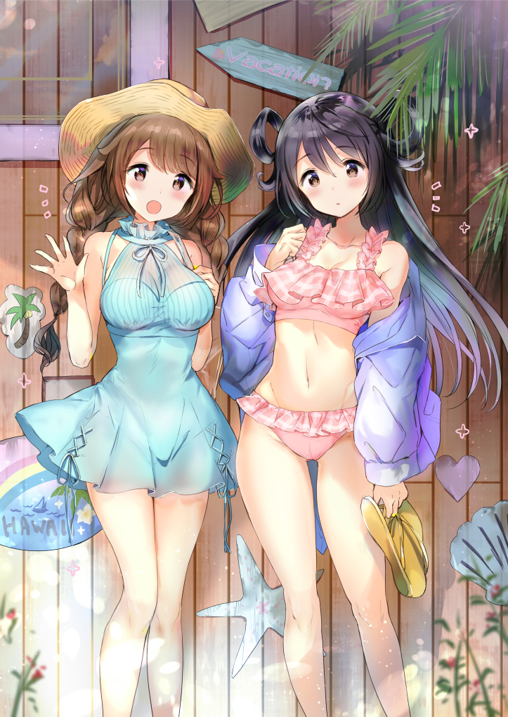 2girls :d :o bangs bare_shoulders bikini black_hair blush braid breasts brown_eyes brown_hair collarbone commentary_request dress eyebrows_visible_through_hair frilled_bikini frills green_dress hair_between_eyes hair_rings hand_up hat hayama_eishi holding jacket leaf legs_apart legs_together long_hair long_sleeves medium_breasts multiple_girls off_shoulder open_clothes open_jacket open_mouth original palm_tree pink_bikini plant purple_jacket short_dress sleeveless sleeveless_dress slippers smile spread_fingers standing swimsuit tree twin_braids waving