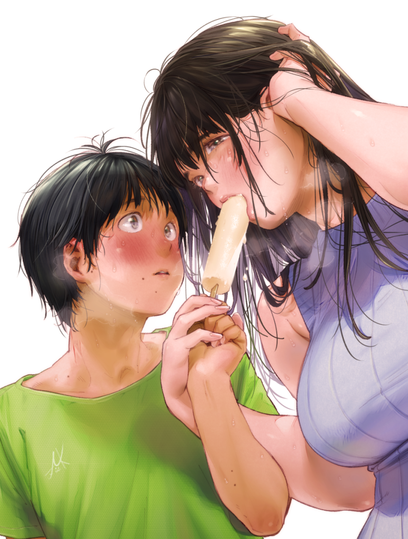 1boy 1girl adjusting_hair bangs bare_arms bare_shoulders black_hair blue_sweater blush breasts breath brown_eyes commentary_request food food_in_mouth green_shirt half-closed_eyes hand_holding holding holding_food kamiyama_aya large_breasts long_hair looking_at_another mole mole_under_mouth original popsicle sexually_suggestive shirt simple_background sweat sweater sweater_vest upper_body white_background