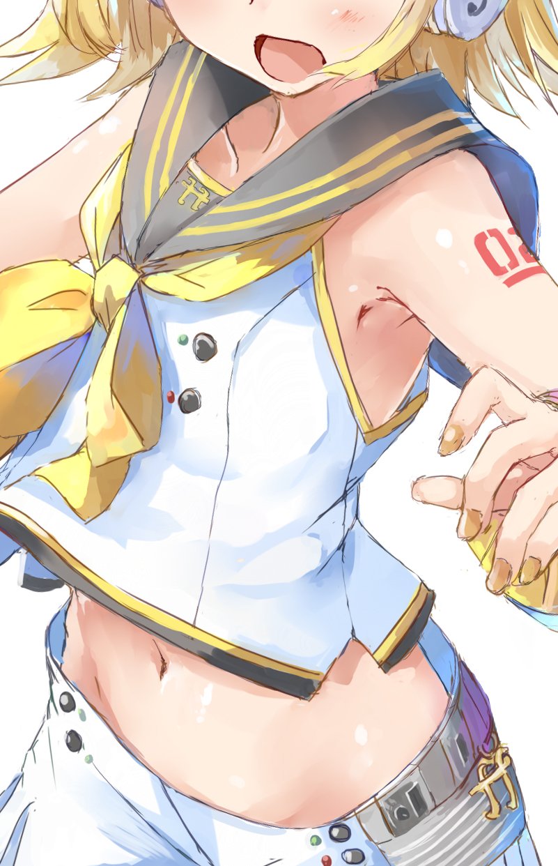 1girl armpits bare_shoulders blonde_hair blush collarbone daidou_(demitasse) head_out_of_frame headphones highres kagamine_rin nail_polish navel open_mouth sailor_collar shirt short_hair shorts simple_background sleeveless sleeveless_shirt smile solo stomach vocaloid white_background