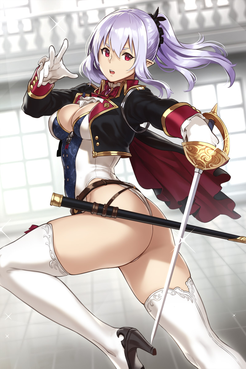 1girl ascot ass boots breasts brooch cleavage cropped_jacket from_side glint gloves hair_between_eyes highres houtengeki indoors jewelry large_breasts leg_up leotard long_hair long_sleeves looking_at_viewer open_mouth original pointy_ears ponytail purple_hair rapier red_eyes sheath solo sparkle sword thigh-highs thigh_boots weapon white_gloves white_legwear