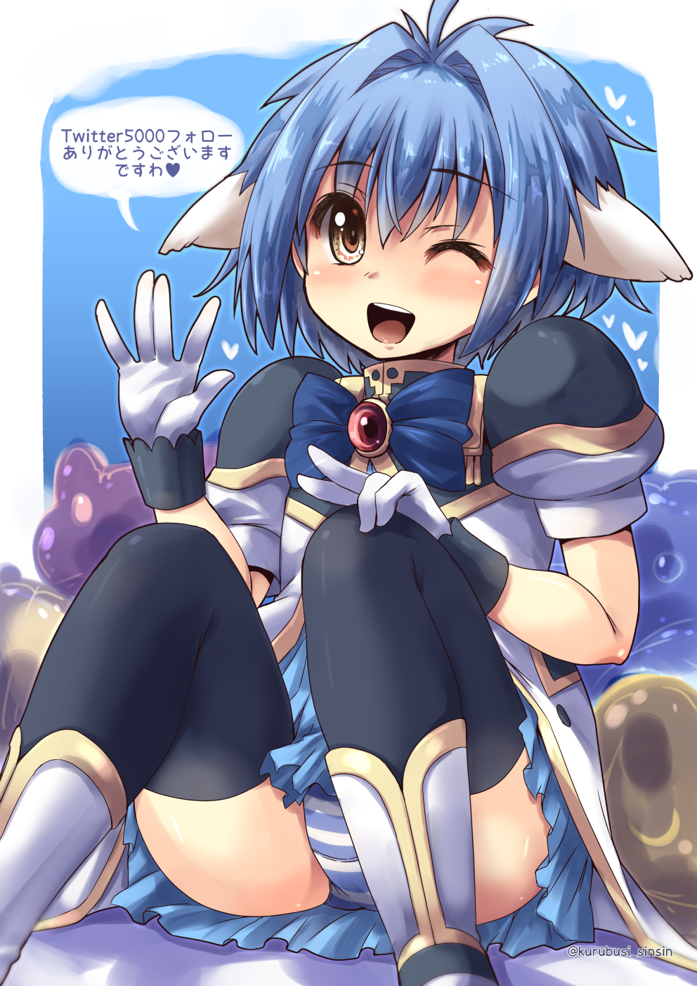 1girl animal_ears blue_hair blue_skirt blush bow galaxy_angel gloves highres mint_blancmanche one_eye_closed open_mouth panties shinshin short_hair skirt solo thigh-highs translation_request underwear yellow_eyes