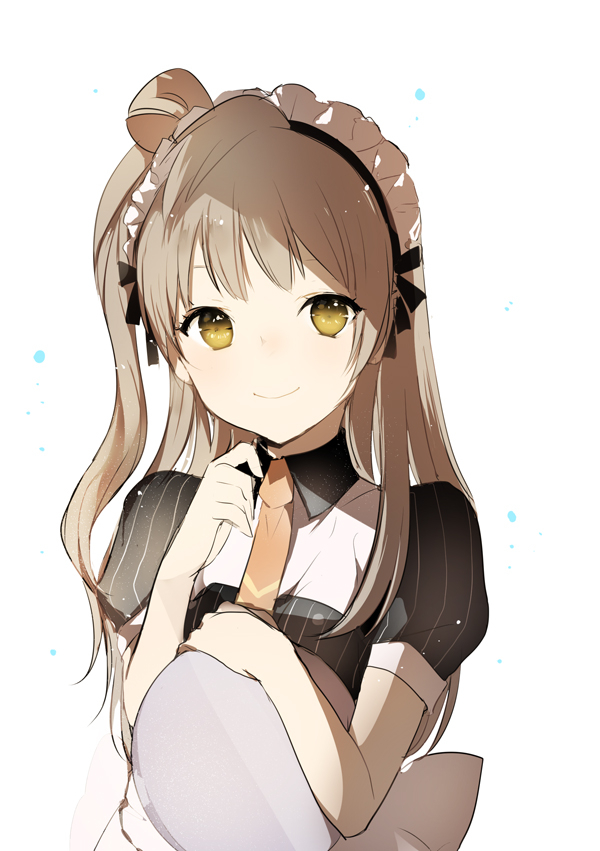 1girl black_ribbon brown_hair brown_necktie holding long_hair looking_at_viewer love_live! love_live!_school_idol_project lpip maid maid_headdress minami_kotori necktie ribbon short_sleeves simple_background smile solo striped upper_body vertical_stripes white_background yellow_eyes