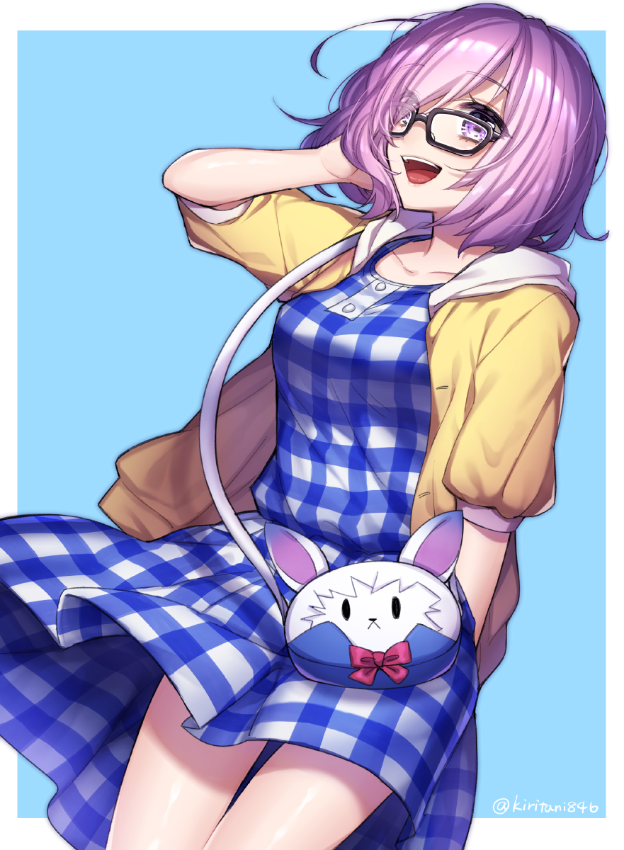 1girl :d bag black-framed_eyewear blue_background dress fate/grand_order fate_(series) fou_(fate/grand_order) glasses hair_over_one_eye highres jacket kiritani846 open_mouth plaid plaid_dress purple_hair shielder_(fate/grand_order) short_hair signature simple_background smile solo twitter_username violet_eyes yellow_jacket