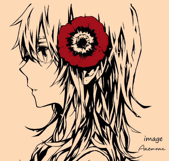 1girl album_cover commentary_request cover crimsonseed flower hair_flower hair_ornament original portrait profile red_flower solo spot_color text