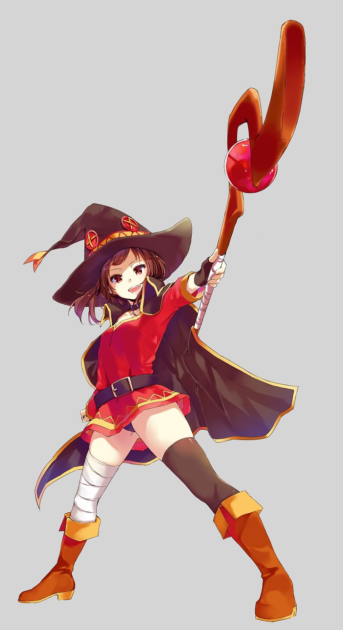 1girl :d belt black_panties boots brown_hair cape choker dress fingerless_gloves full_body funyariko gloves grey_background highres kono_subarashii_sekai_ni_shukufuku_wo! looking_at_viewer megumin open_mouth panties pantyshot pantyshot_(standing) red_eyes short_hair_with_long_locks simple_background single_thighhigh smile solo staff standing strapless strapless_dress thigh-highs tube_dress underwear