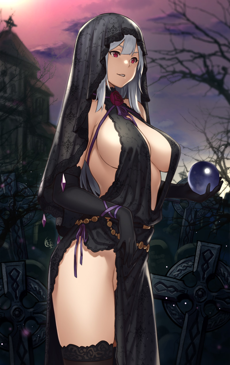 1girl belly_chain belt breasts cleavage crystal_ball dress elbow_gloves gloves graveyard highres houtengeki huge_breasts jewelry lace lace-trimmed_thighhighs long_hair original red_eyes side_slit solo thigh-highs v-neck veil white_hair