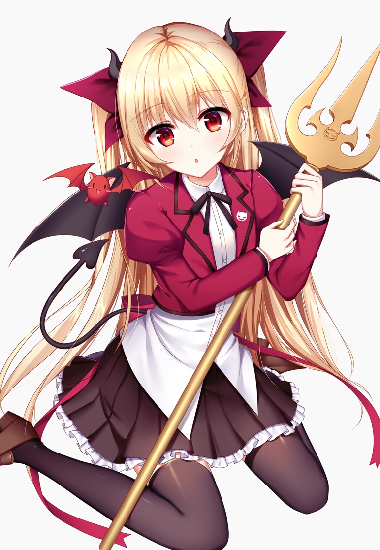 1girl animal bangs bat bat_wings black_legwear black_skirt blonde_hair bow buttons commentary_request crop_top cropped_jacket demon_horns demon_tail dress_shirt eyebrows_visible_through_hair hair_ribbon holding holding_weapon horns jacket juliet_sleeves long_hair long_sleeves looking_at_viewer meaomao open_mouth original pleated_skirt polearm puffy_sleeves red_bow red_eyes red_jacket red_ribbon ribbon shirt simple_background sitting skirt solo tail thigh-highs trident very_long_hair wariza weapon white_shirt wings