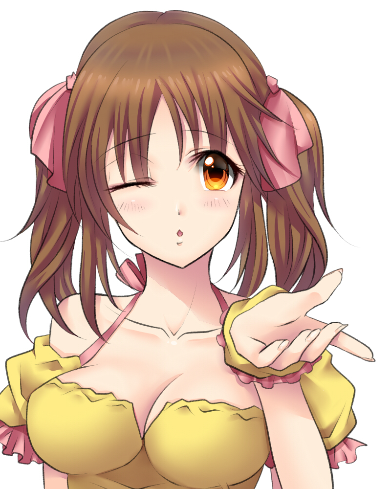 1girl ;o bare_shoulders blow_kiss blowing_kiss blush breasts brown_hair cleavage collarbone commentary_request dress eyebrows_visible_through_hair female hair_ornament hair_ribbon idolmaster idolmaster_cinderella_girls kiss_day kukua_(mosushi) looking_at_viewer medium_breasts neck one_eye_closed open_mouth orange_eyes pink_ribbon ribbon scrunchie simple_background solo totoki_airi twintails upper_body white_background wink wrist_scrunchie yellow_dress