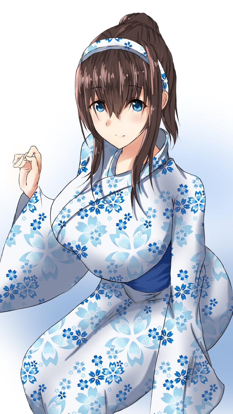 1girl alternate_costume alternate_hairstyle black_hair blue_eyes breasts brown_hair commentary_request floral_print hair_between_eyes hairband highres huge_breasts idolmaster idolmaster_cinderella_girls japanese_clothes kimono long_hair looking_at_viewer obi ponytail sagisawa_fumika sash shiyo_(shiyo_p) sitting smile solo wide_sleeves yukata