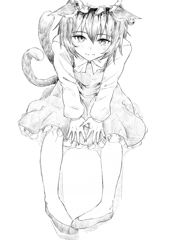 1girl animal_ears bangs between_legs blush bow bowtie cat_ears cat_tail chen closed_mouth earrings eyebrows_visible_through_hair fingernails frills full_body greyscale hair_between_eyes hand_between_legs hat jewelry long_fingernails long_sleeves looking_at_viewer mob_cap monochrome multiple_tails nathaniel_pennel nose_blush own_hands_together sharp_fingernails shoes short_hair simple_background sitting solo tail touhou white_background