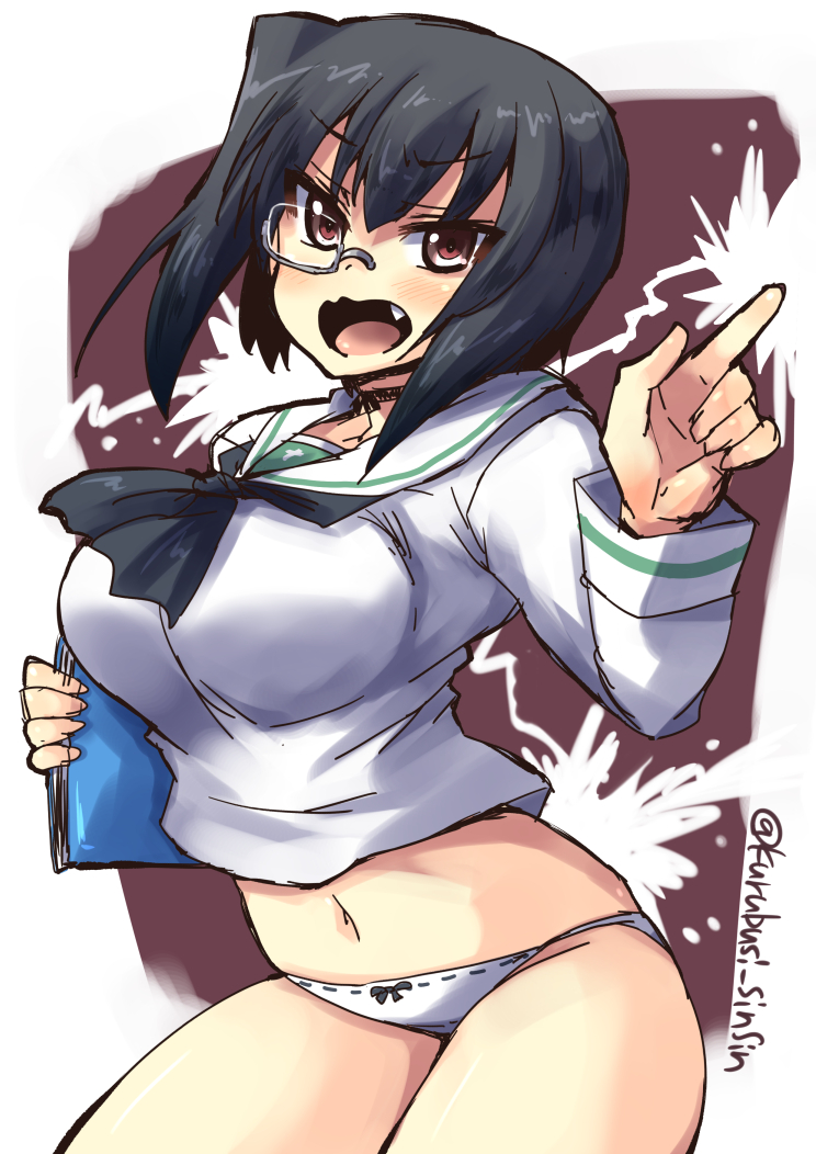 1girl angry black_hair blush breasts brown_eyes choker fang girls_und_panzer kawashima_momo large_breasts looking_at_viewer monocle navel ooarai_school_uniform open_mouth panties pointy_ears school_uniform serafuku shinshin short_hair solo underwear white_panties