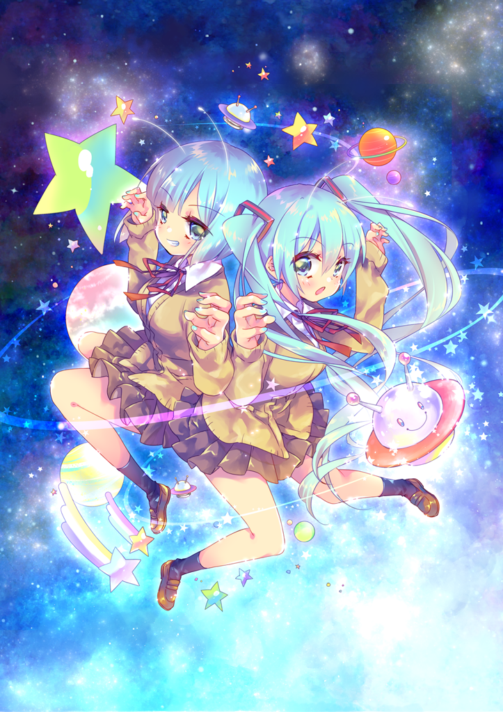 2girls alien_alien_(vocaloid) andromedako andromedako_(coplay) antennae aqua_eyes aqua_hair bangs blunt_bangs ech hatsune_miku long_hair looking_at_viewer multiple_girls ribbon school_uniform short_hair twintails vocaloid