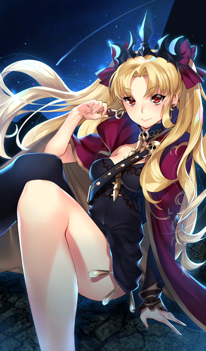 &gt;:) 1girl arm_support bangs bare_legs black_dress black_legwear blonde_hair blush bow breasts cape chocolate chocolate_heart commentary_request dress earrings ereshkigal_(fate/grand_order) eyebrows_visible_through_hair falling_star fate/grand_order fate_(series) hair_bow hair_ribbon heart highres jewelry knee_up long_hair looking_at_viewer night night_sky outdoors pantsu_(lootttyyyy) parted_bangs purple_bow purple_cape red_cape red_eyes red_ribbon ribbon short_dress single_thighhigh sitting skull sky small_breasts solo star_(sky) starry_sky strapless strapless_dress thigh-highs tiara tohsaka_rin twintails very_long_hair