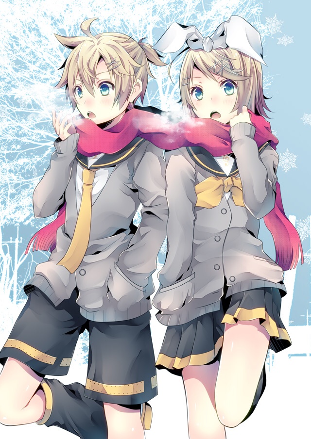 1boy 1girl black_shorts black_skirt blonde_hair blue_eyes bow bowtie brother_and_sister day grey_jacket hair_ornament hair_ribbon hand_in_pocket kagamine_len kagamine_rin miniskirt necktie one_leg_raised open_mouth outdoors pleated_skirt red_scarf ribbon scarf shared_scarf shiny shiny_skin shiomizu_(swat) shirt short_hair shorts siblings skirt snowflakes tree twins vocaloid white_ribbon white_shirt yellow_bow yellow_bowtie yellow_necktie