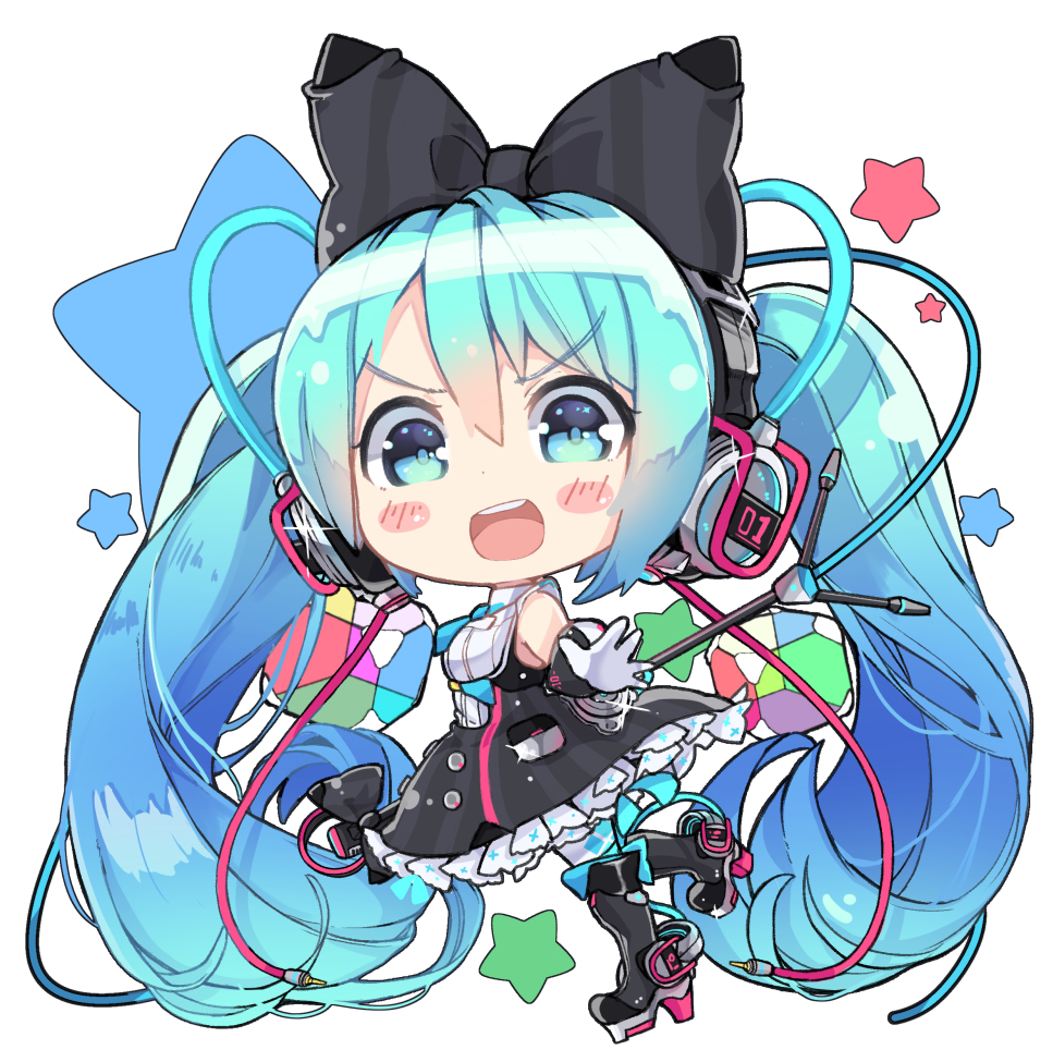 &gt;:d 1girl :d aqua_eyes aqua_hair aqua_necktie bangs bare_shoulders black_boots black_bow black_dress blush blush_stickers boots bow buttons cable chibi collared_shirt cube dress frilled_dress frills from_side gloves hair_between_eyes hair_bow hatsune_miku headphones holding holding_microphone large_bow long_hair looking_at_viewer magical_mirai_(vocaloid) microphone microphone_stand namuya_(dlcjfgns456) necktie open_mouth outstretched_arm pinafore_dress platform_boots platform_footwear platform_heels pocket ribbed_shirt round_teeth shirt short_necktie sleeveless sleeveless_dress sleeveless_shirt smile solo standing standing_on_one_leg star striped striped_bow teeth thigh-highs thigh_boots twintails very_long_hair vocaloid white_background white_gloves white_legwear white_shirt