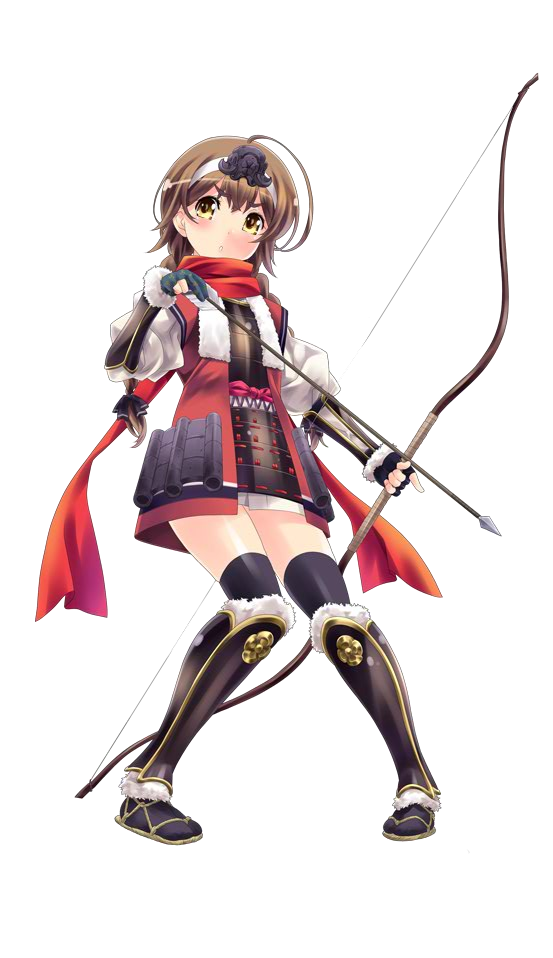 1girl ahoge arrow artist_request bow_(weapon) braid brown_eyes brown_hair fingerless_gloves fukuyama_yakata_(oshiro_project) gloves hairband official_art oshiro_project oshiro_project_re partly_fingerless_gloves scarf solo thigh-highs transparent_background weapon yugake