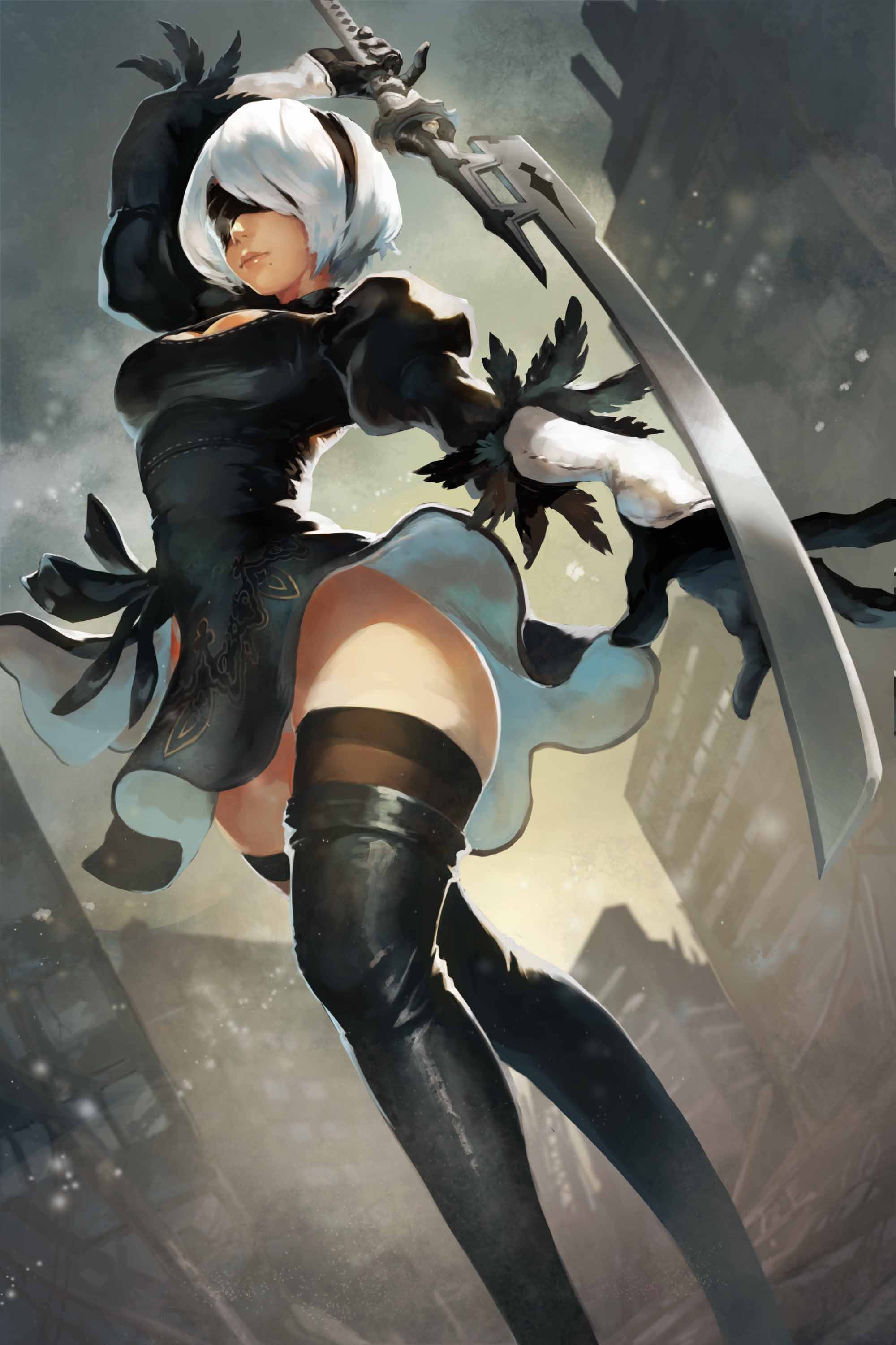 1girl absurdres arm_up black_boots black_dress blindfold boots breasts building closed_mouth day dress dutch_angle from_below from_side hairband highres holding holding_sword holding_weapon knee_boots medium_breasts mole mole_under_mouth nier_(series) nier_automata outdoors outstretched_arm saku_(sakudeji) short_hair solo standing sword weapon white_hair yorha_no._2_type_b